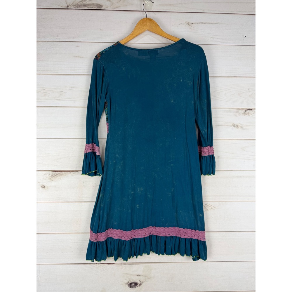 Rising International Dress Large Teal Floral Embroidered Bell Sleeve Tunic Boho - Picture 2 of 7